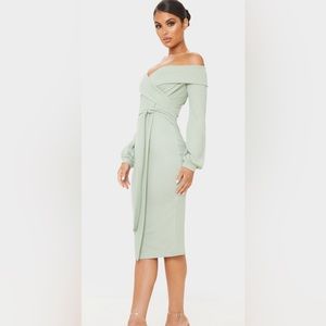 Long Sleeve Wrap Bardot Midi Dress - sage green
